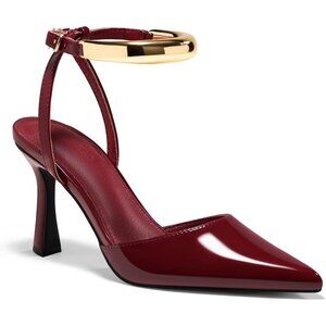 Coutgo Women's Burgundy Faux Leather Closed Pointed Toe Ankle Strap Heels Pumps